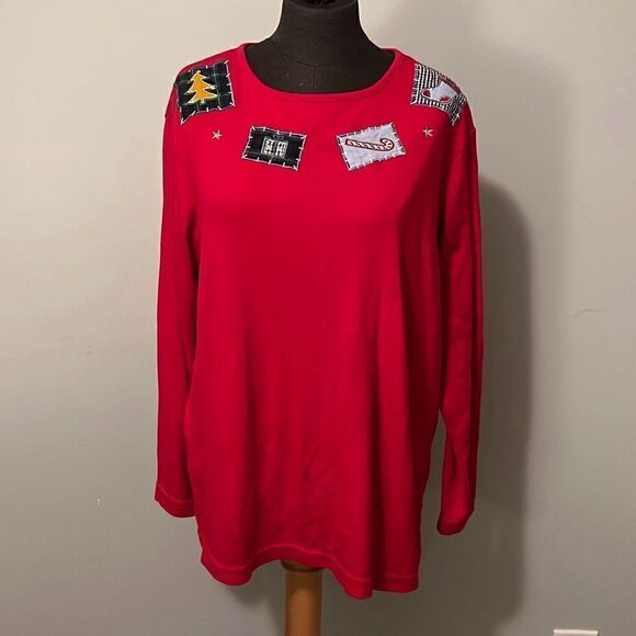 Boobie Brooks Women's Red Christmas Holiday Patches Top Long Sleeve 14W/16W - Picture 1 of 7